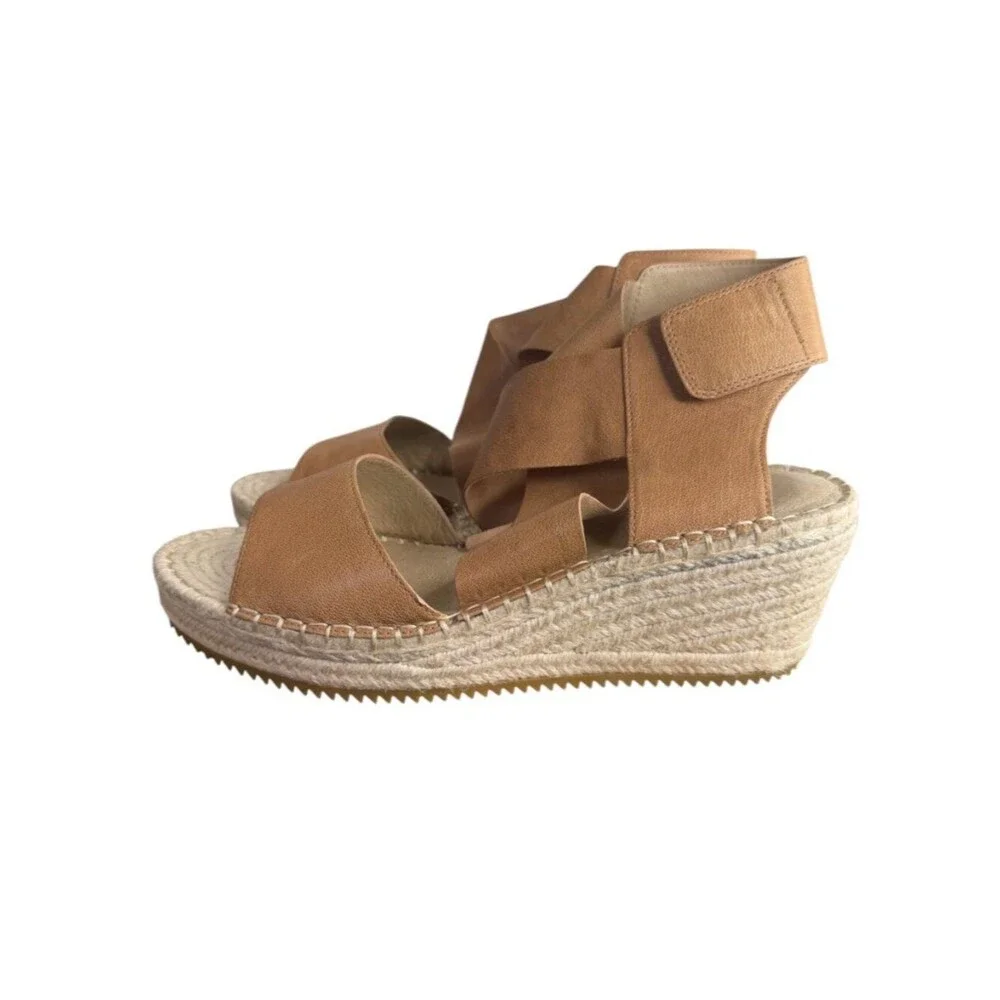 Eileen Fisher Willow Tumbled Leather Wedge Espadrille size 10M Honey Tan Sandals